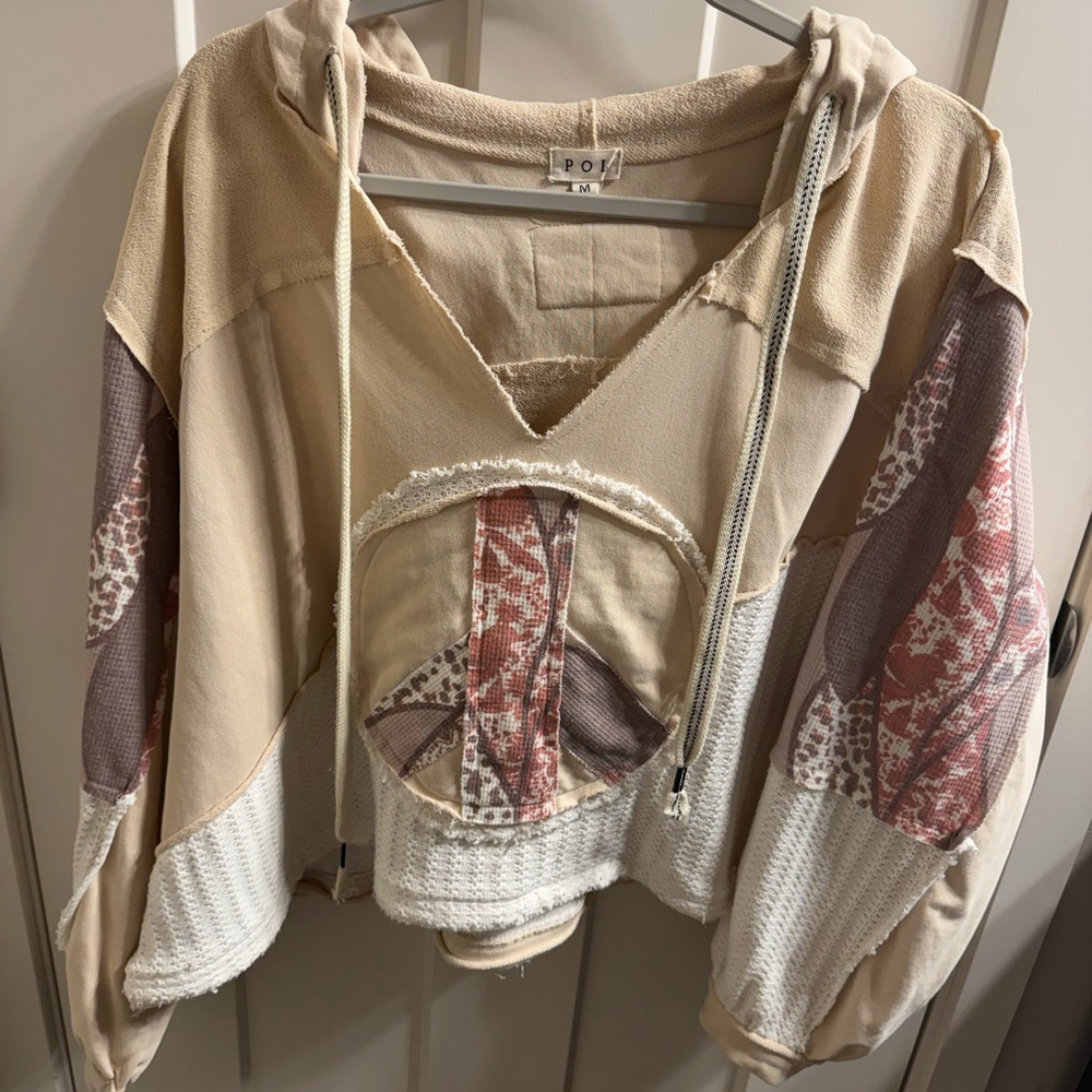 POL Beige Textured Hoodie With Peace Sign